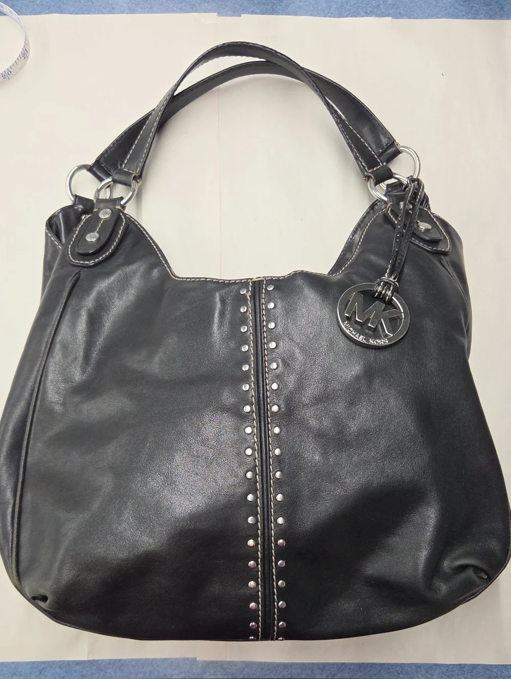 Michael Kors Black Leather Shoulder Bag with MK Charm and Stud Accents
